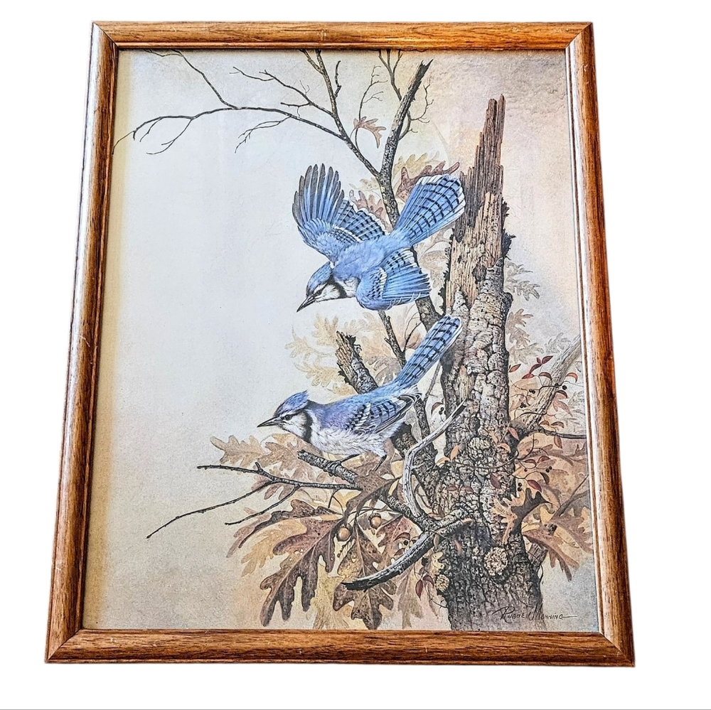 Vtg Graceful Sentinel Blue Jays Framed Under Glass Print By Ruane Manning 18x22
